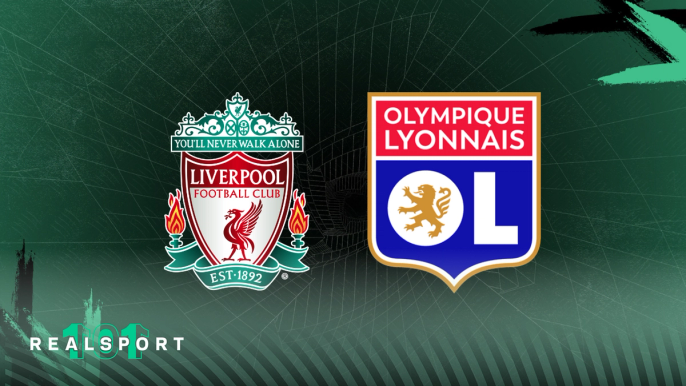 Liverpool and Lyon badges with green background