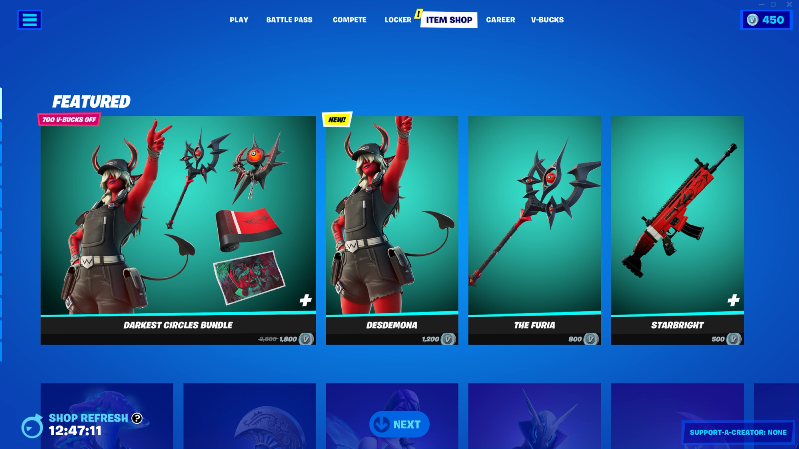 a snapshot of the various single items and bundle in the fortnite item store for desdemona