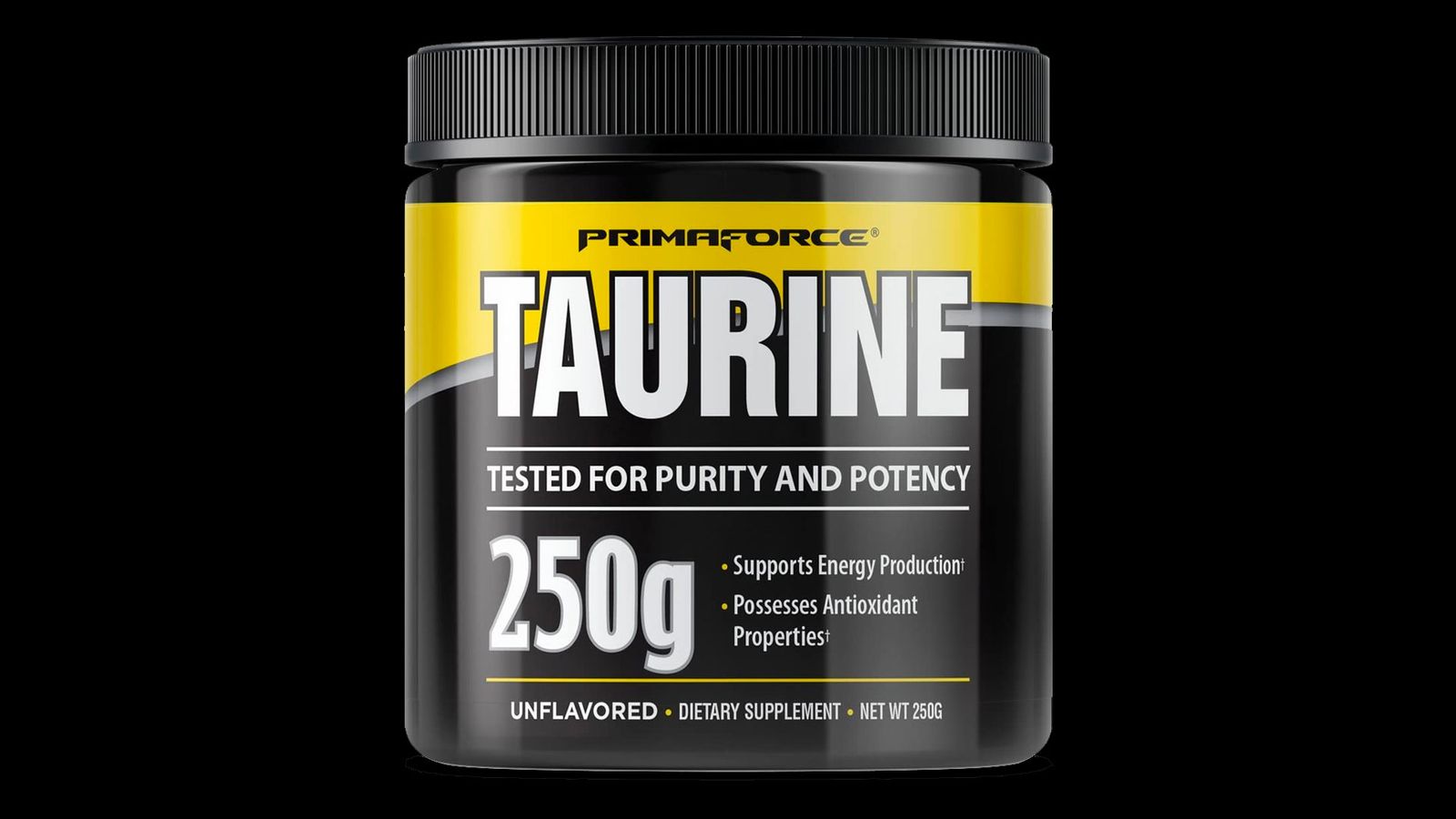 Primaforce Unflavoured Taurine product image of a black container with yellow and grey branding.