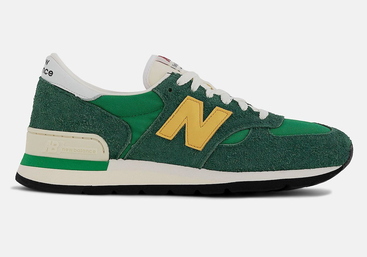 New Balance 990v1 MiUSA "Green Gold" sneakers with a full green base constructed in a mix of mesh and premium suede with white mesh tongues and leather around the heel collar.