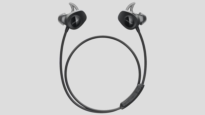 Best running headphones Bose product image of a pair of black headphones with a cable to wrap around your neck