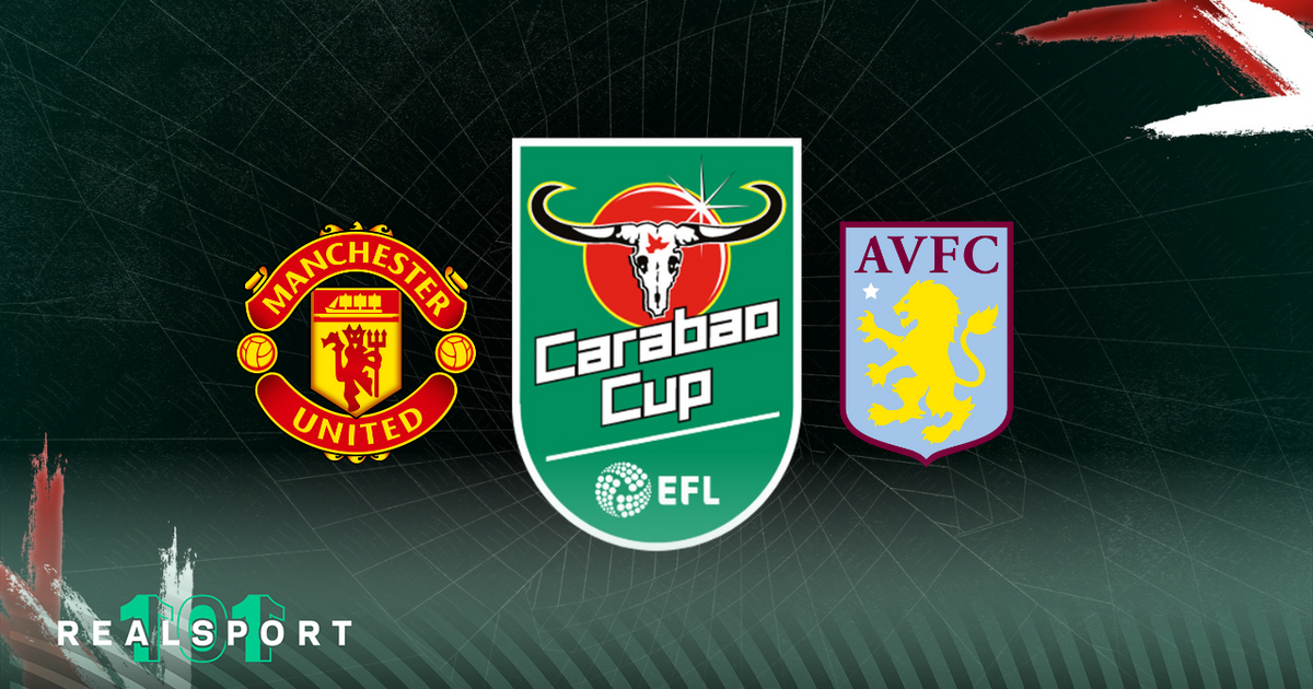Man United and Aston Villa badges with Carabao Cup logo