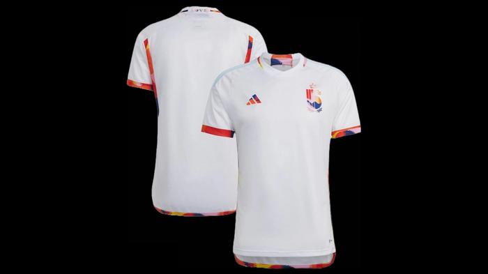 Best World Cup kits - Belgium adidas away kit product image of a white shirt with multi-coloured accents around the collar, cuffs, and logos.