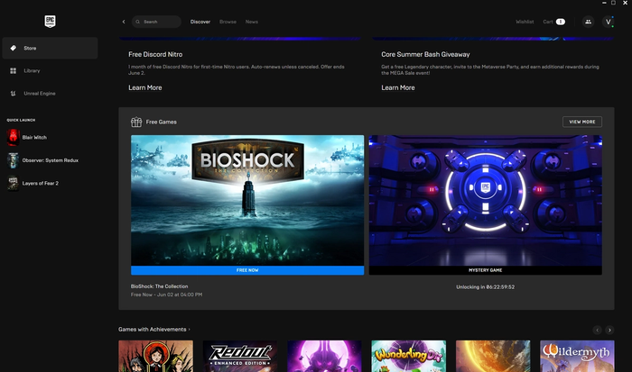 A screenshot of the Epic Games Store featuring the free game Bioshock: The Collection