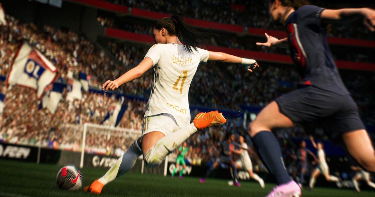 Someone in a white kit in EA FC 24 striking a Nike football towards goal.