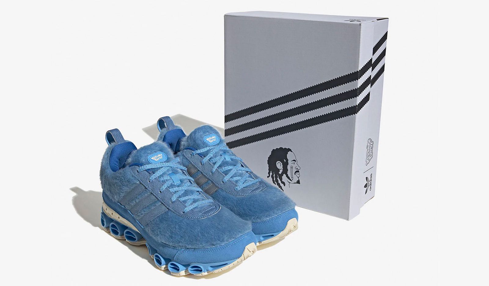 Kerwin Frost x adidas Microbounce T1 product image of a pair of light blue, faux fur sneakers.
