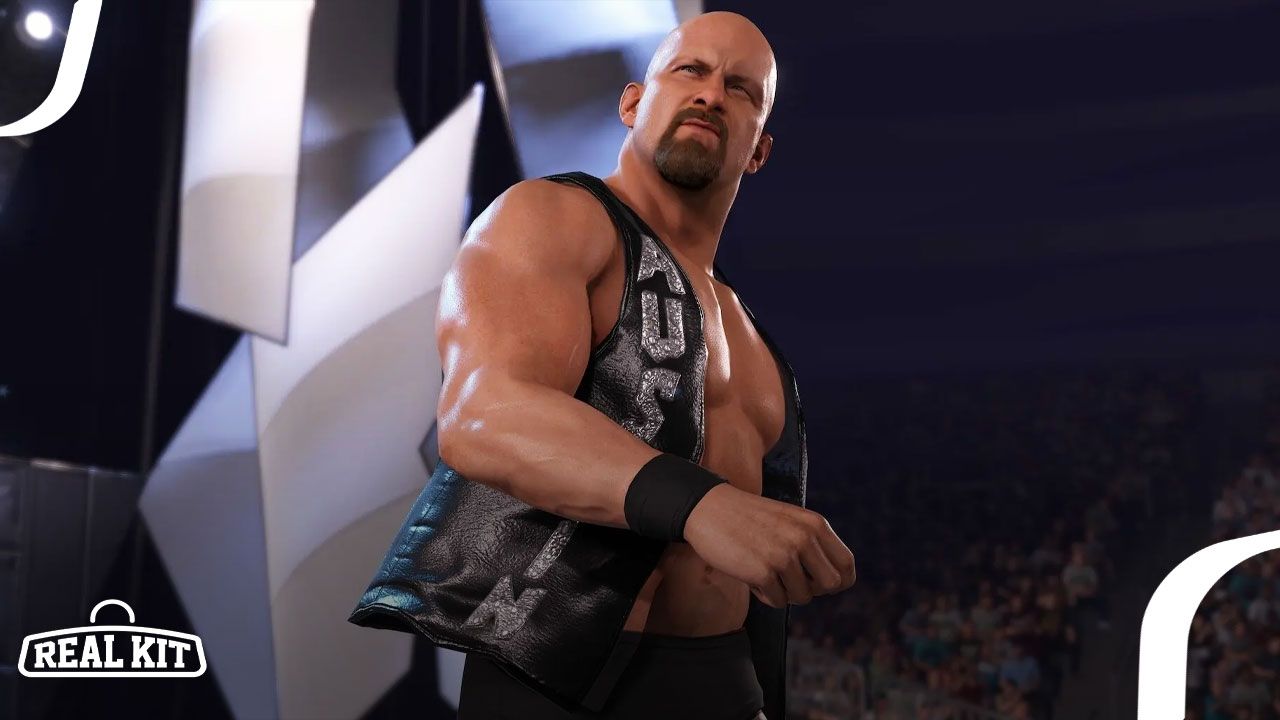 WWE 2K23 in-game image of Steve Austin wearing a black vest jacket and black trunks.