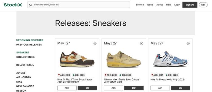 StockX website image of sneaker releases subsection.