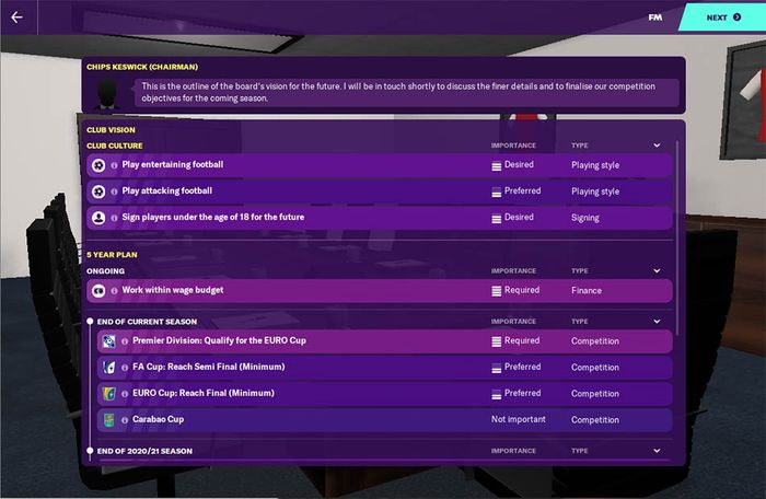 Arsenal's club vision in Football Manager 2020