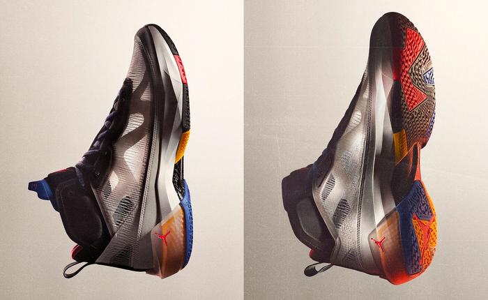 Air Jordan 37 product image of a mesh sneaker with multi-coloured soles and black details.