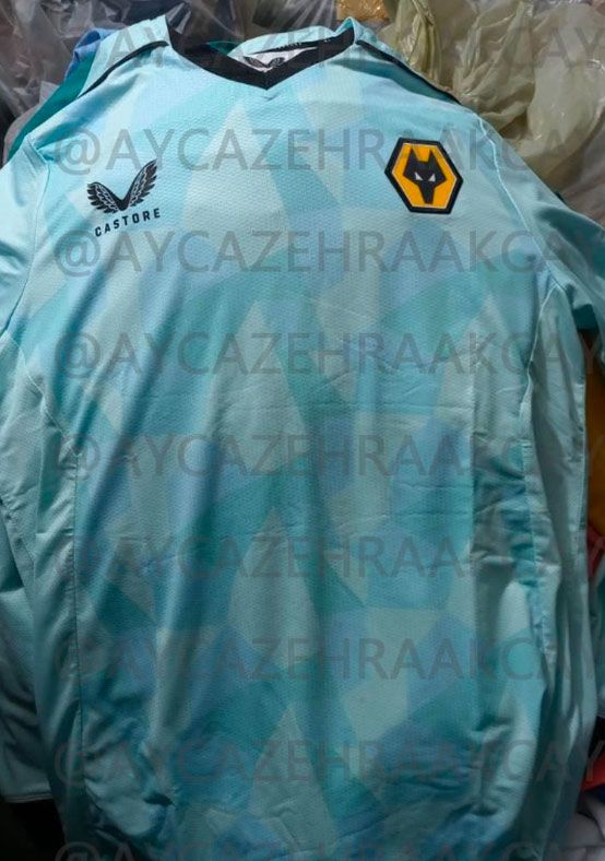 Wolverhampton Wanderers away kit 2022/23 product image of a light turquoise shirt with black details.