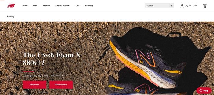 New Balance website image of running subsection with black and orange Fresh Foam X running shoes advertised.