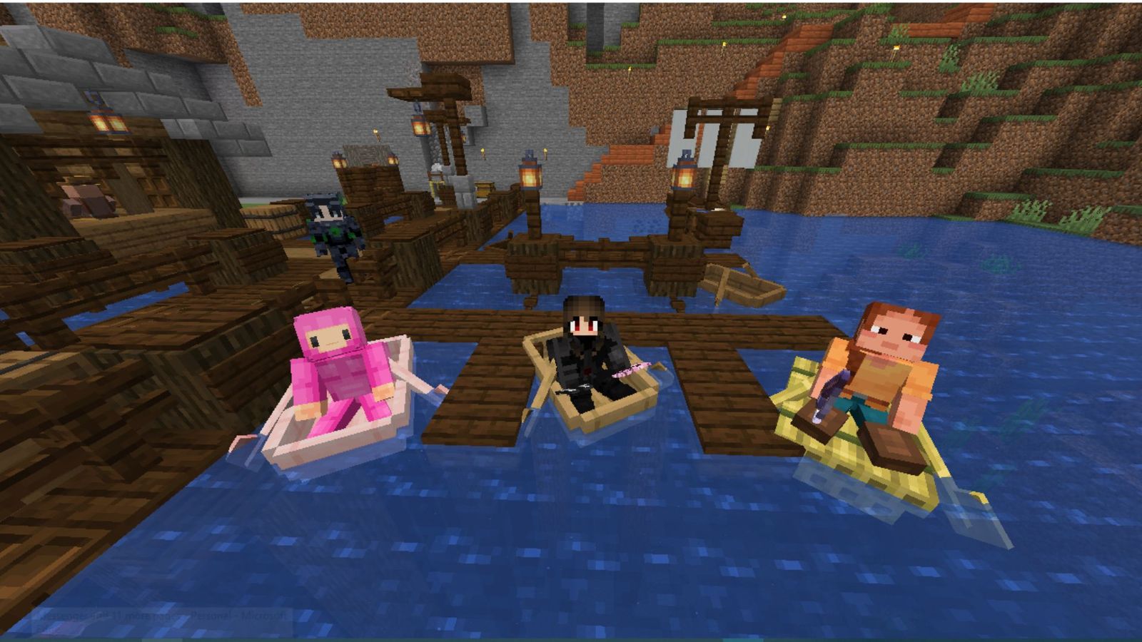 A screenshot of Minecraft players on their boats. 