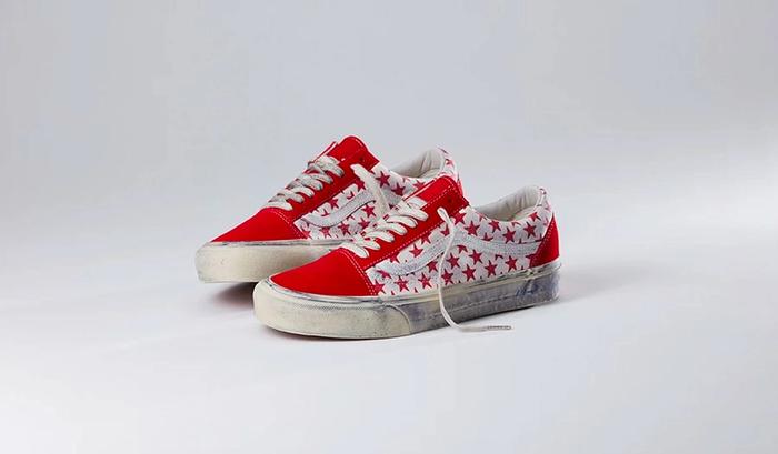 Bianca Chandôn x Vault by Vans Old Skool product image of a pair of red and white sneakers with a star pattern and a distressed look.