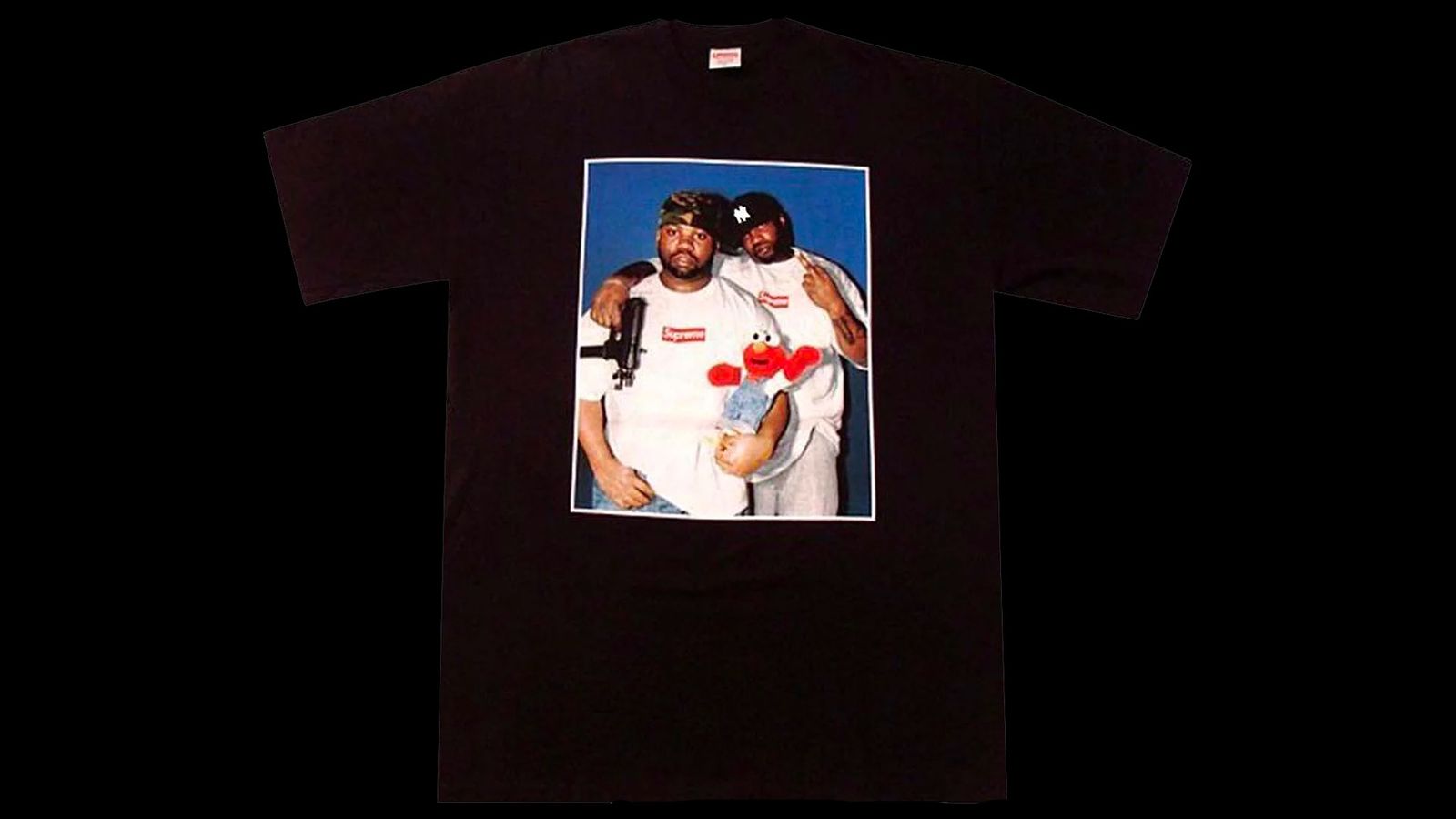 Supreme Raekwon Tee product image of a black t-shirt with a Raekwon picture in the centre with Elmo.