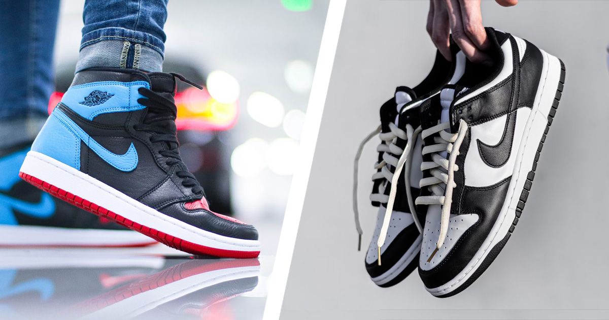 Someone in a black, red, and blue pair of Jordan 1s on one side of a diagonal white line. On the other, someone holding a pair of black and white Nike Dunk Lows.