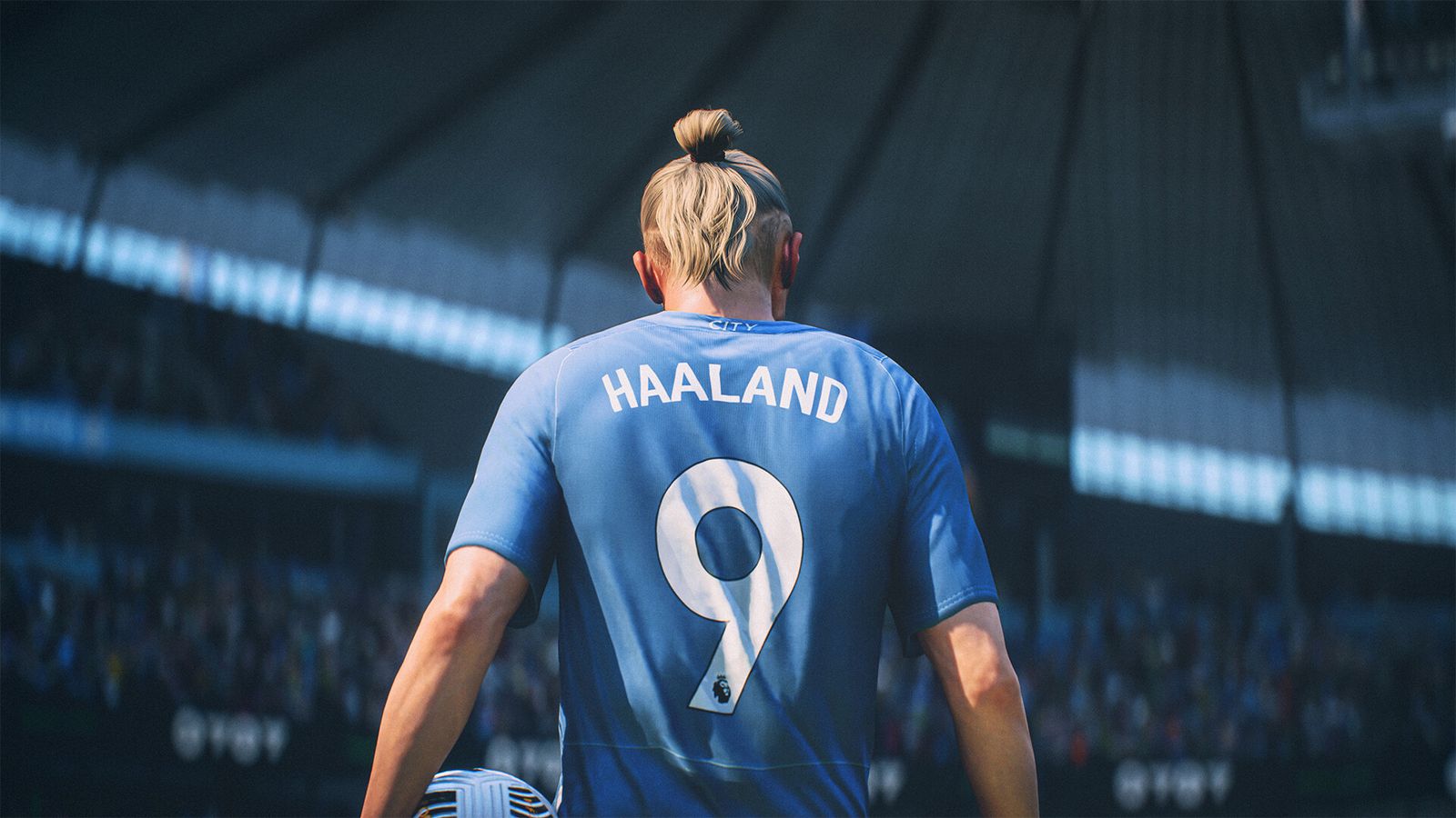 Erling Haaland in EA FC 24 wearing his light blue Man City shirt with 9 on the back.