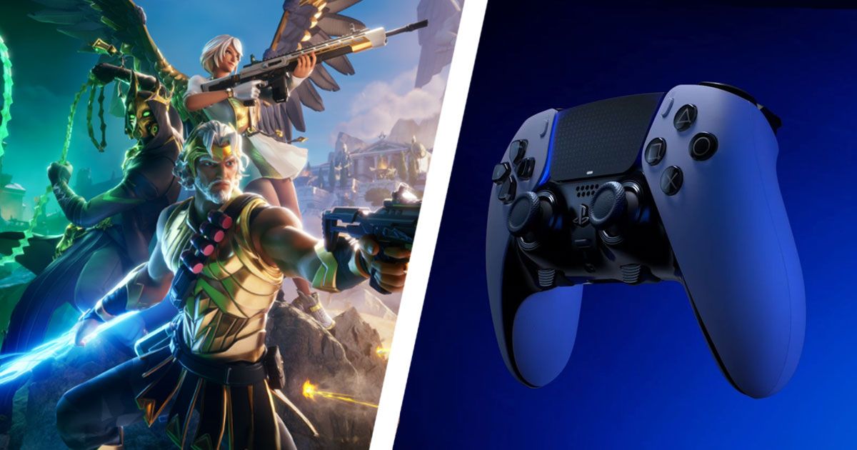Fortnite characters, including Zeus in gold with blue lighting in one hand on one side of a diagonal white line. On the other, a white and black DualSense Edge bathed in blue light.