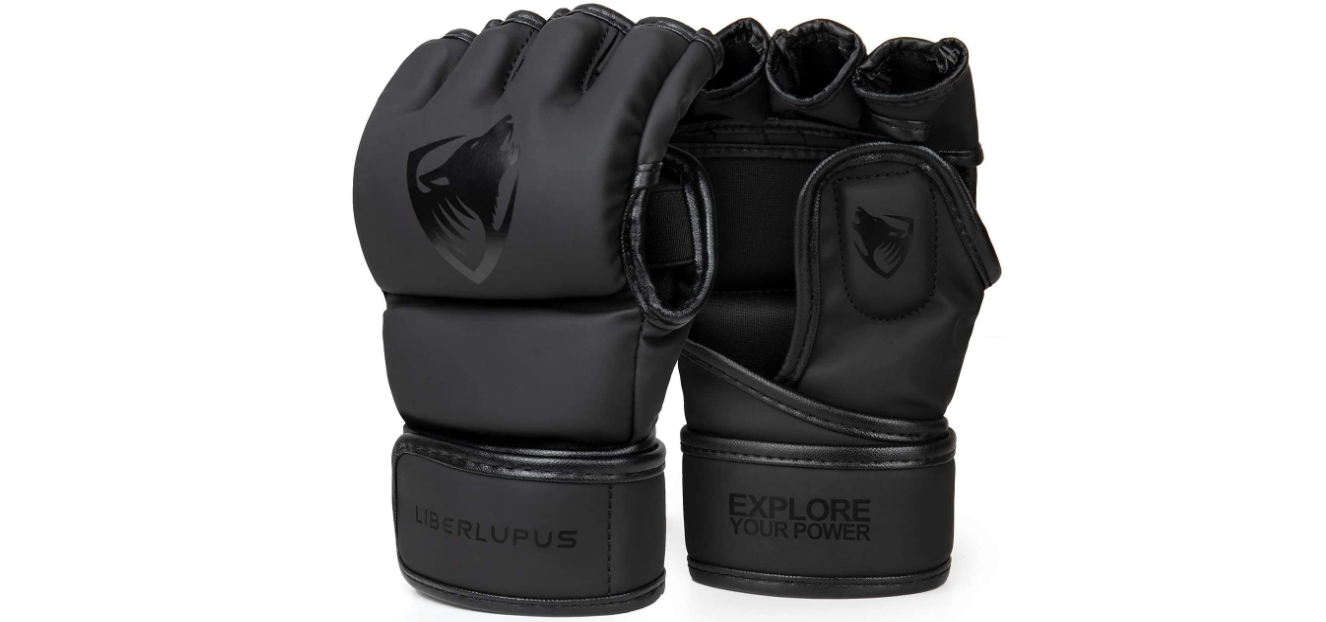 Best MMA gloves Liberlupus product image of an all-black pair of gloves with a shiny black wolf logo on the top.