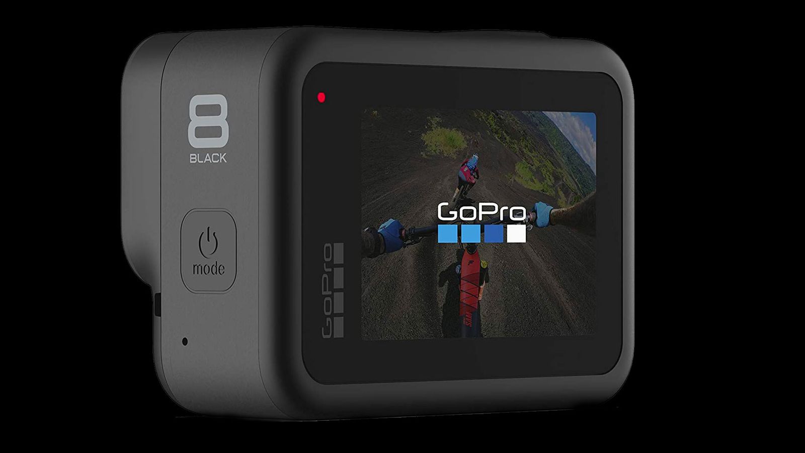 Best GoPro HERO8 product image of a black camera with a POV shot of mountain biking on the display.