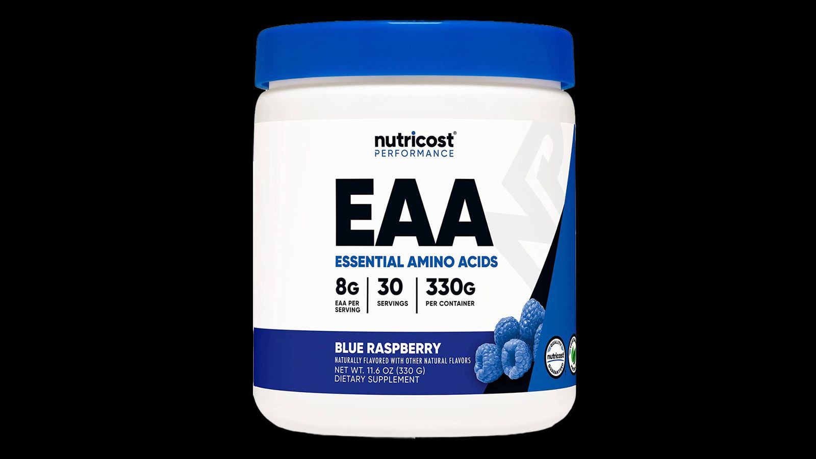 Nutricost EAA Powder product image of a white container with blueberry graphics and a blue lid.