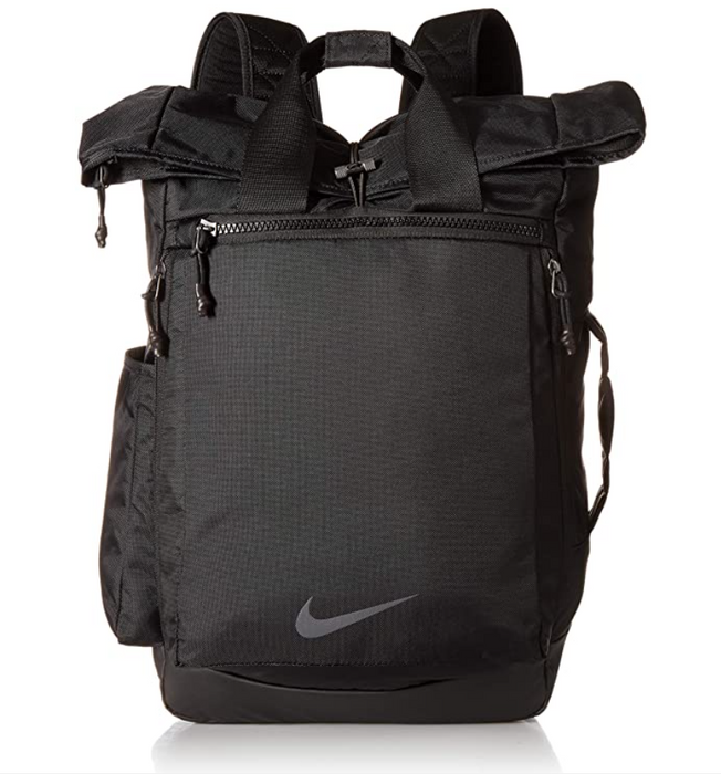 Best gym bag Nike product image of a black backpack with grey Nike tick and side pockets