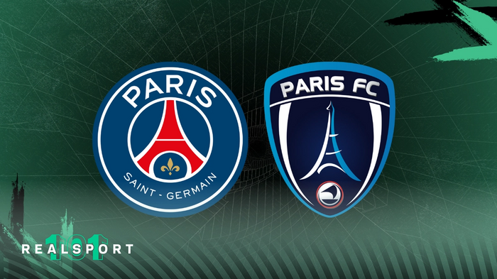PSG and Paris FC badges with green background