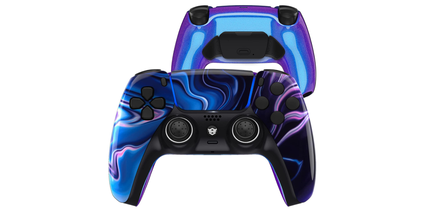 Best controller for Battlefield 2042 HexGaming product image of a custom PS5 controller with an oil spill design.