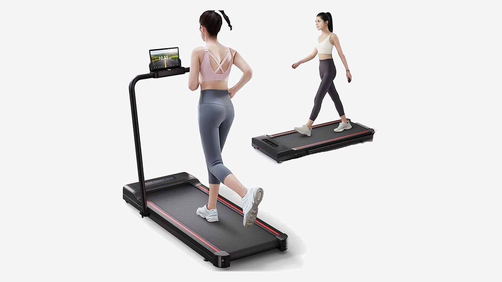 Sperax 2-In-1 Treadmill product image of a someone in a pink top and grey leggings using a black treadmill with a tablet in the holder.