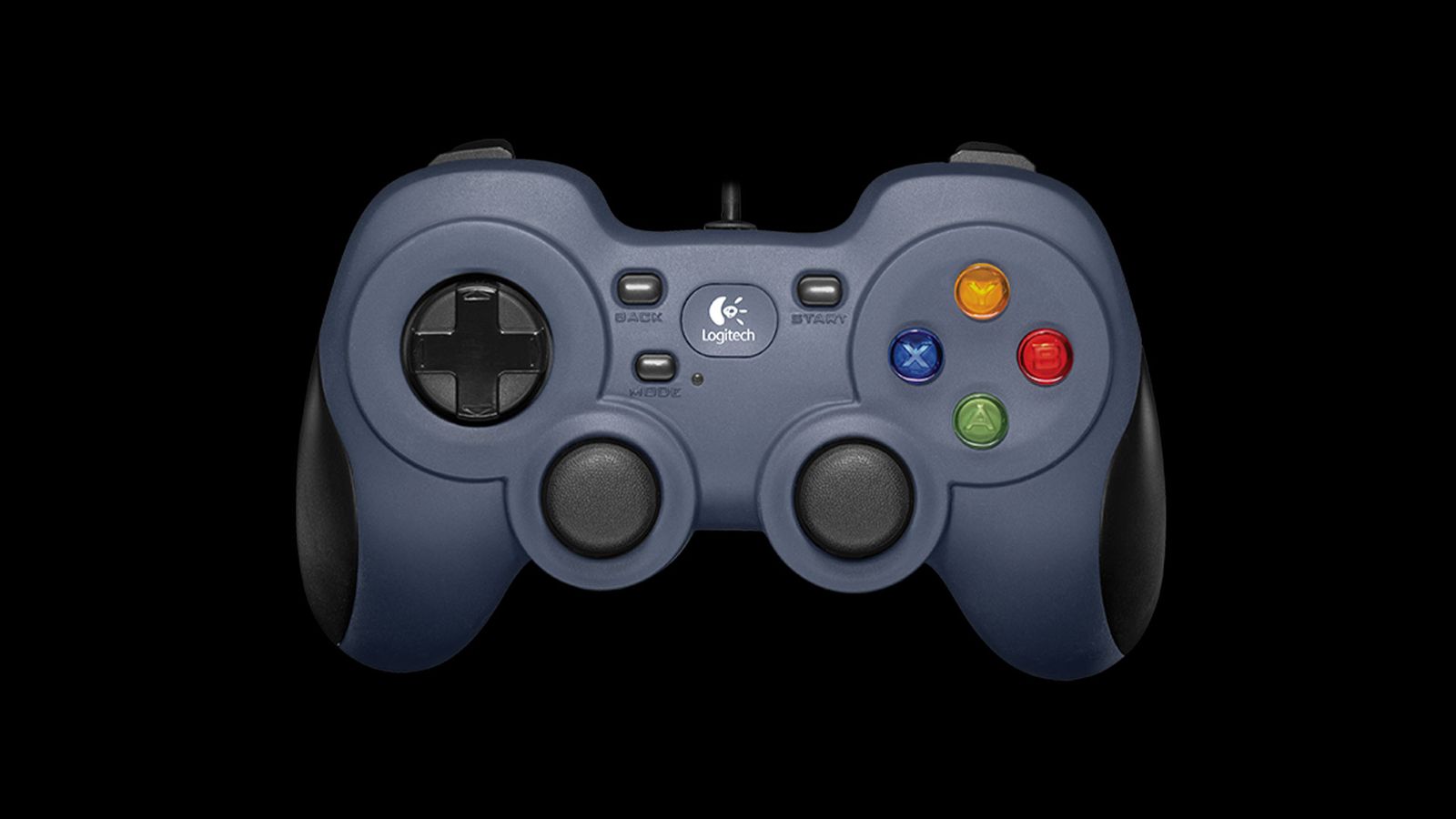 Logitech F310 product image of a retro-style grey-ish/blue controller with multicoloured buttons on the right side.