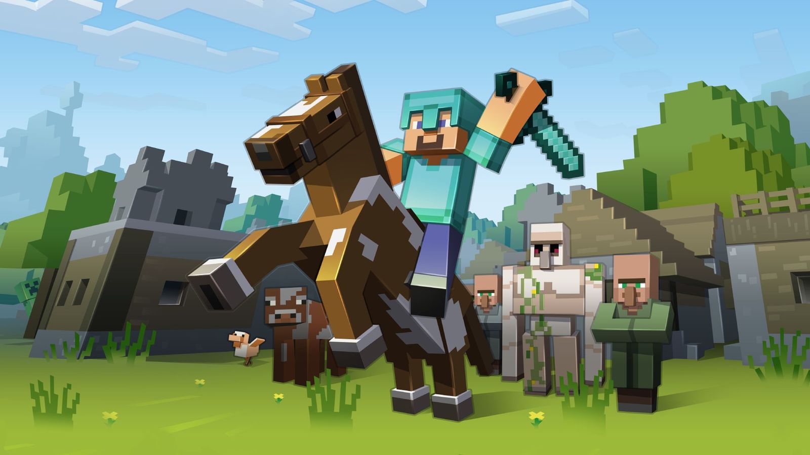 An official image of Steve riding a horse in Mineceraft.