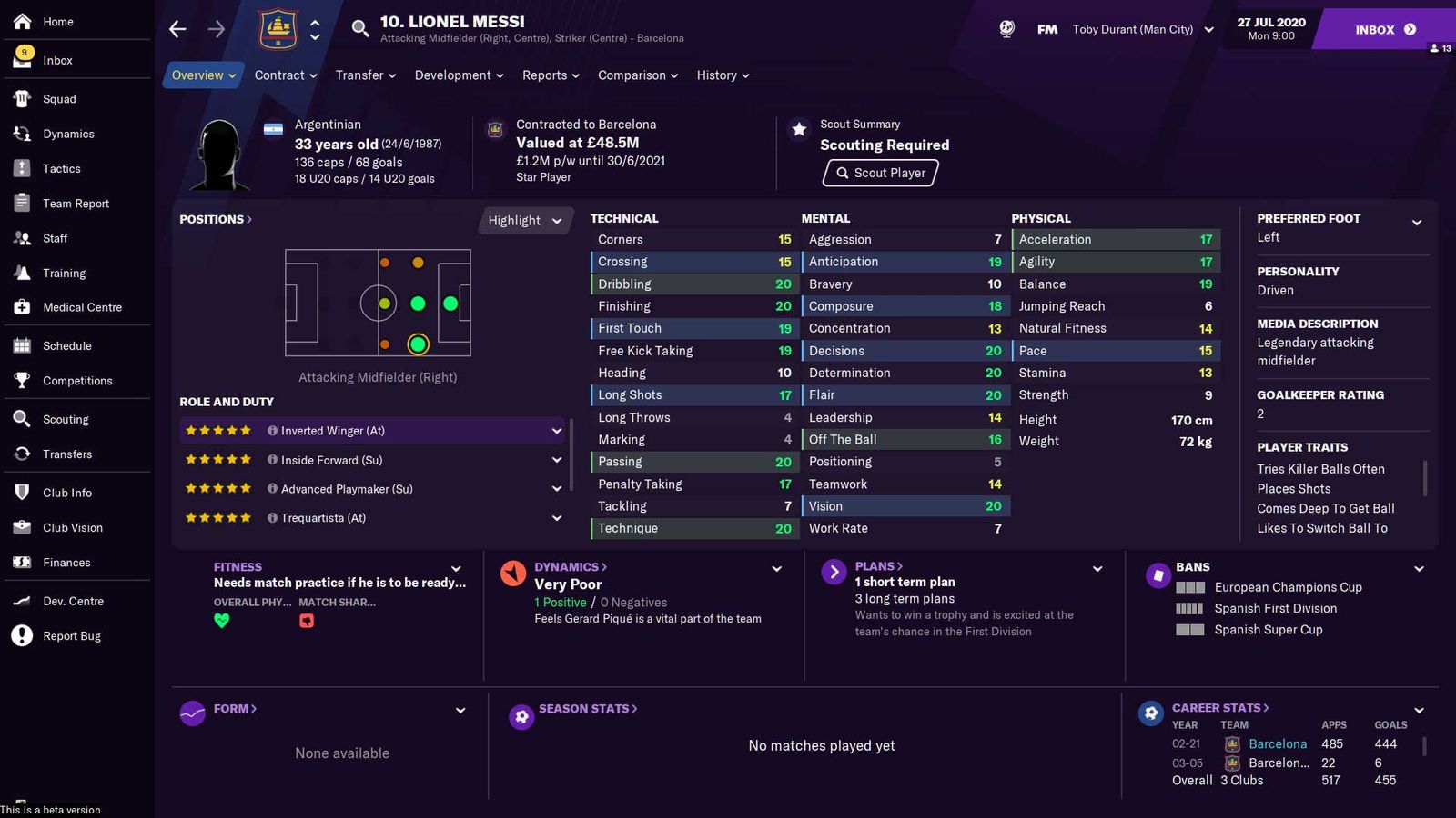 Lionel Messi's stats in Football Manager 2021