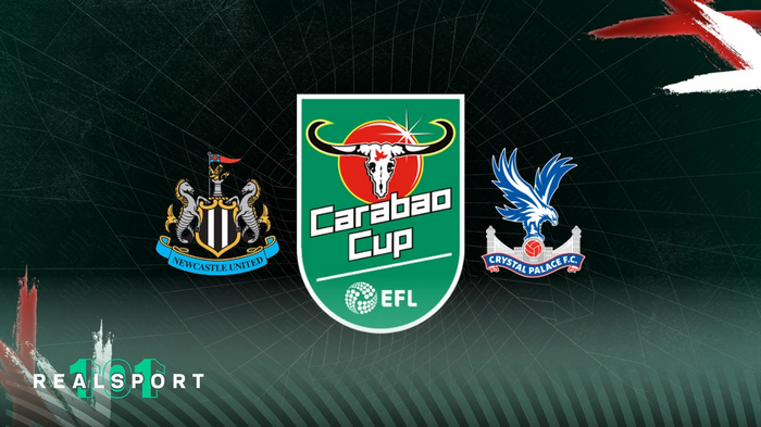 Newcastle and Crystal Palace badges with Carabao Cup logo