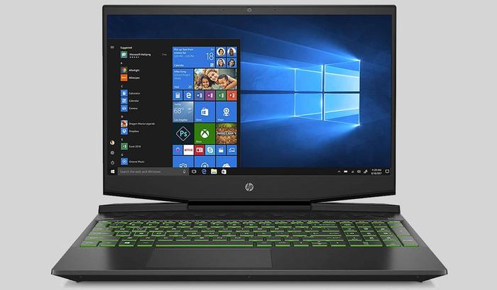 Best laptop for Fortnite HP product image of a black laptop with green backlit keys.