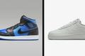 A blue and black Jordan 1 Mid with a white midsole on one side. On the other, an all-grey Air Force 1 Low.