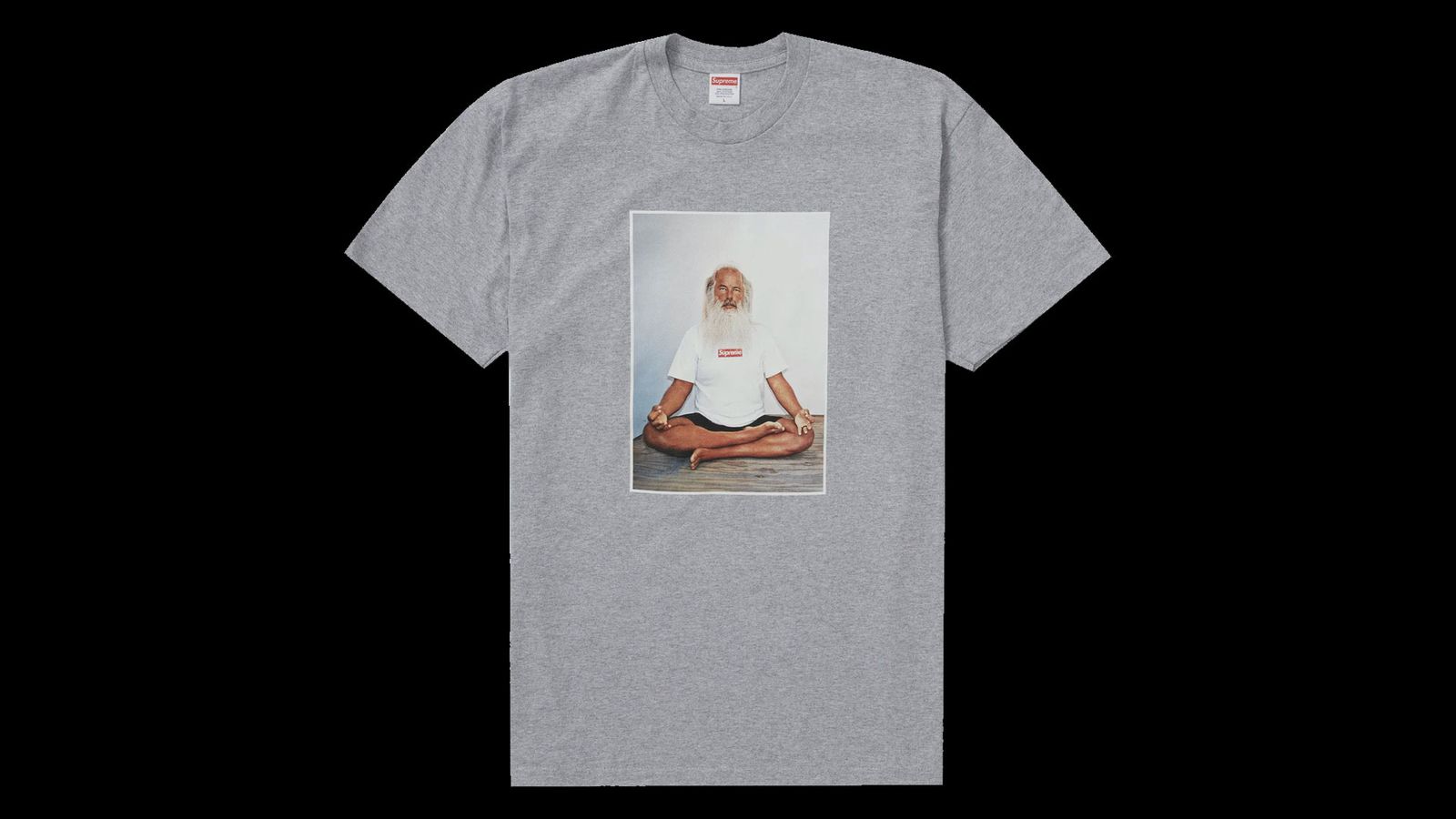 Supreme Rick Rubin Tee product image of a grey t-shirt with Rick Rubin cross-legged in the centre.