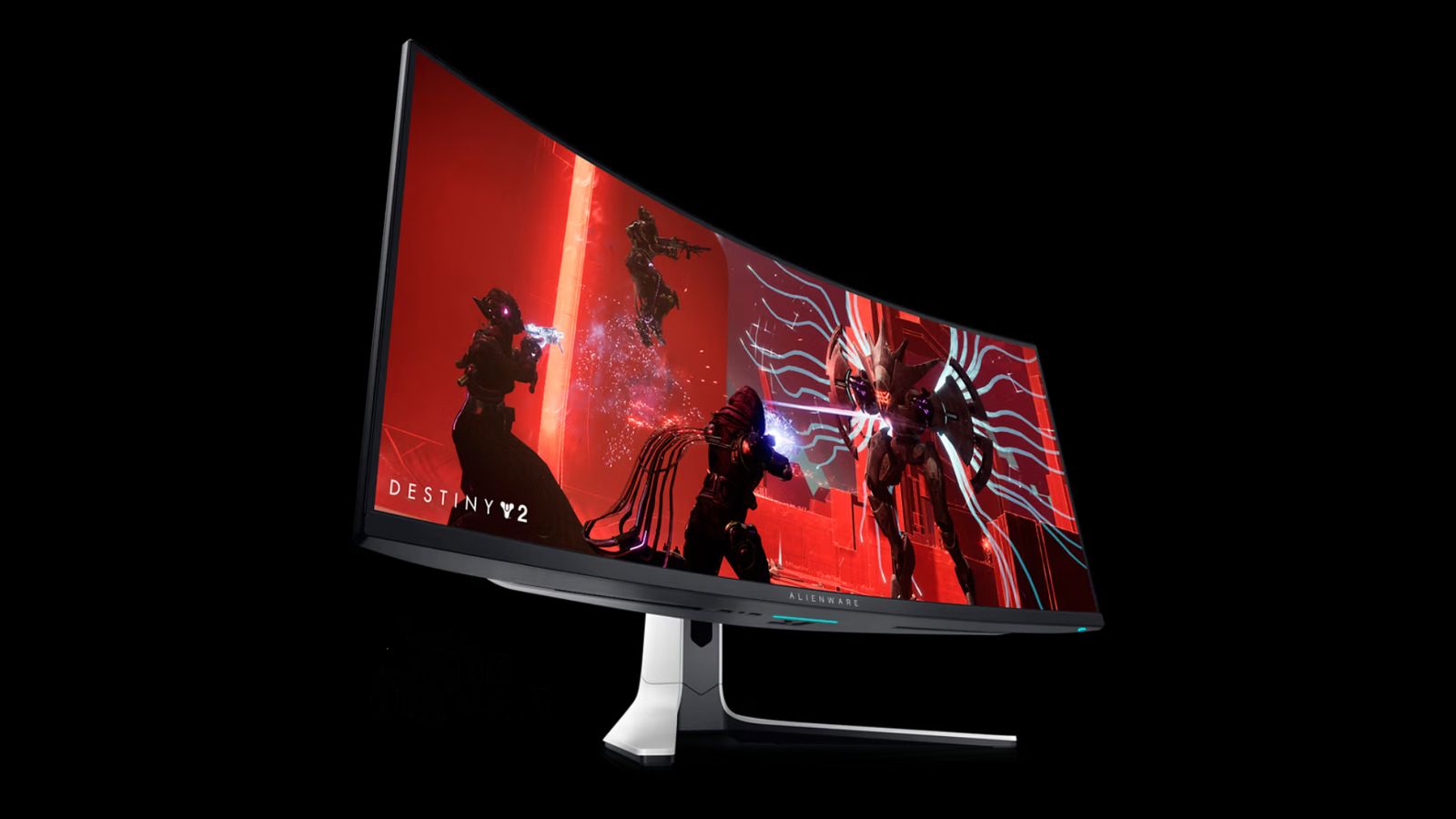 Alienware AW3423DW QD-OLED product image of a white and grey monitor with Destiny 2 gameplay on the display.