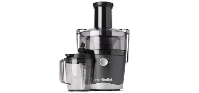 Best juicer NUTRiBULLET product image of a dark grey machine with an on-the-go mug.