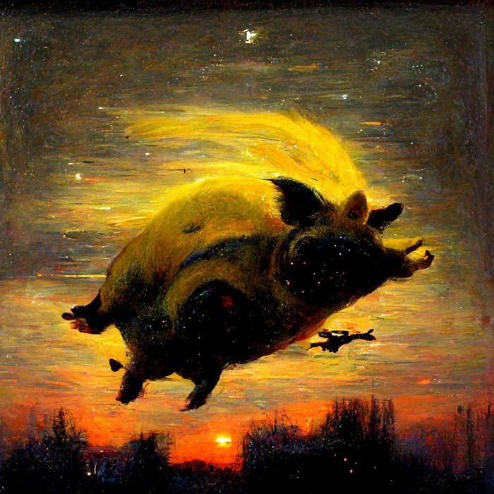 Midjourney AI oil painting of a pig flying into the yellow sunset, framed in an unseen starlight - how to use Midjourney AI