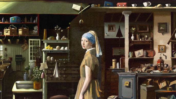 Girl with a Pearl Earring by Johannes Vermeer, imagines in a busy room - Is DALL.E free?