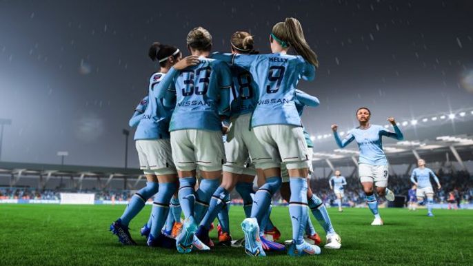 Manchester City Women's team celebrate a goal - FIFA 23 lag