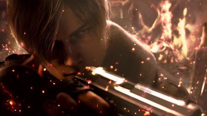 resident evil 4 deluxe edition resident evil 3 weapon Leon Kennedy with fire in the background