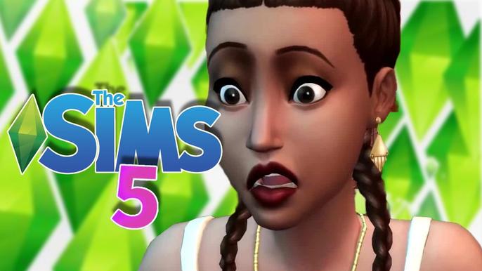 the-sims-5-leaked an image of a sims character on a background looking shocked with the sims 5 logo on it 