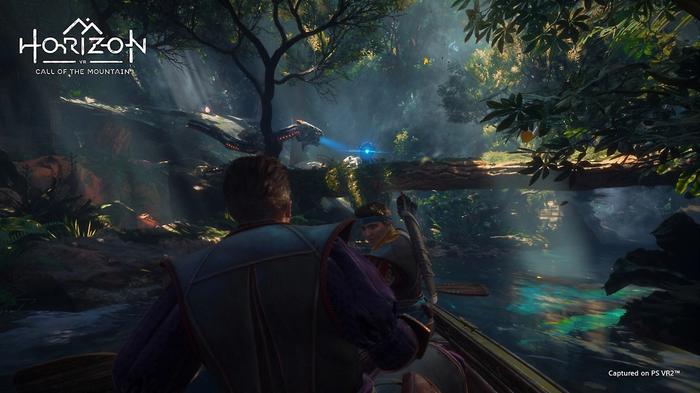 You are in a boat on a river in a dark forest, with threatening machines up ahead in Horizon Call of the Mountain - upcoming VR games