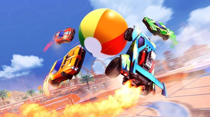 Four cars all trying to reach a beach ball - Rocket League Error 71