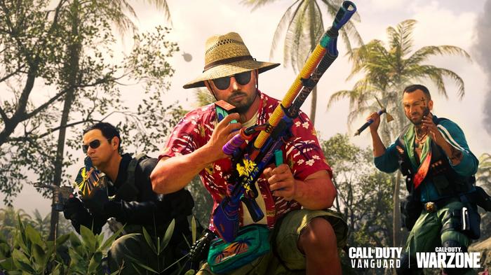 three men with brightly coloured weapons - is Warzone 2 going to be free?