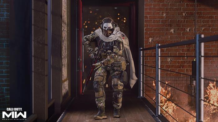 A masked soldier exits a building onto a walkway - modern warfare 2 server error