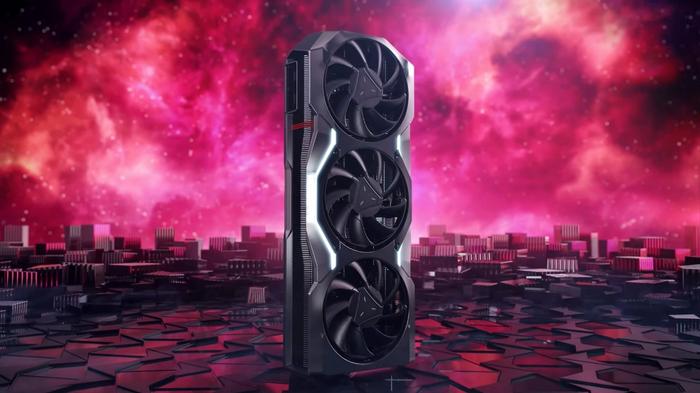 amds rdna 3 rx 7900 xtx throws down the gauntlet to nvidia the new graphics card against a red space backbround