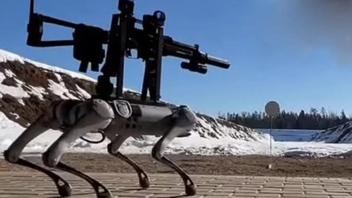 Home-modded robot dog with SMG tears up shooting range