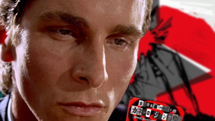Patrick Bateman Persona 5; American Psycho protagonist looking at a Persona 5 calling card from the Phantom Thieves.  